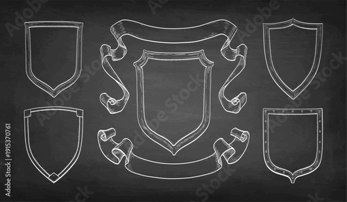 Collection of hand-drawn heraldic shield frames with ribbon banners for medieval or retro design. Chalk sketch on blackboard background. Vintage engraving illustration.