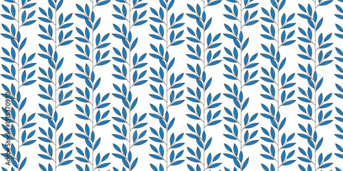 A repetitive pattern of thin branches with small, oval-shaped leaves arranged neatly vertically creates harmony.