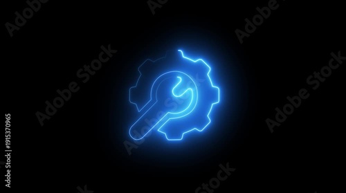 blue neon line settings icon animation. with gear and wrench on black background for web applications and technical concepts. animation...