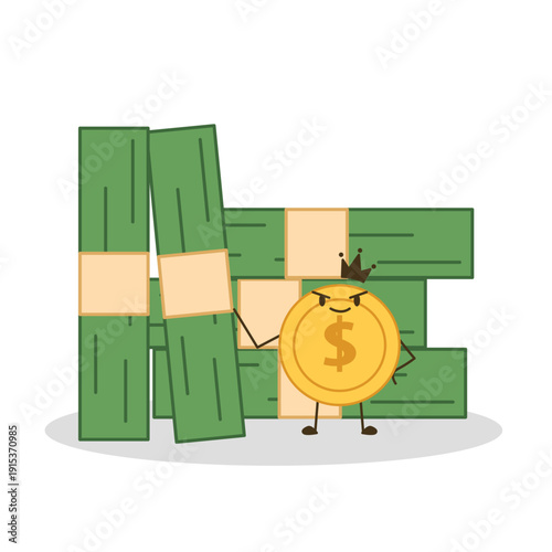 King dollar coin with gold crown and stacks of cash. Successful money character with green banknotes. Financial wealth concept.
