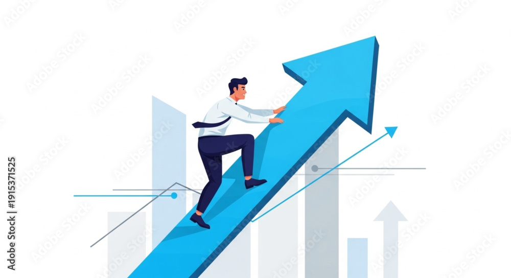 Obraz premium Man climbing blue arrow representing financial growth and success.