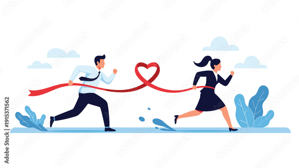 Obraz premium Man and woman in business attire race toward each other while holding a red ribbon that forms a heart shape in the center against a blue background.