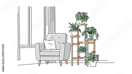 Modern minimalist living room interior featuring a comfortable grey armchair next to a tiered wooden plant stand holding various lush green houseplants.