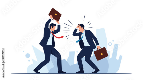 Two angry businessmen in suits engage in a heated argument and aggressive confrontation while shouting and brandishing their briefcases in a city.