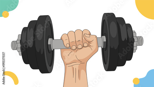 Strong hand firmly grips a heavy black iron dumbbell against a clean background with abstract shapes symbolizing strength and fitness.