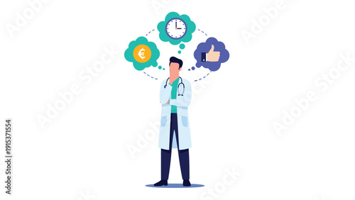 Male doctor in a white lab coat stands thoughtfully with a stethoscope while contemplating time, money, and quality symbols in thought bubbles.