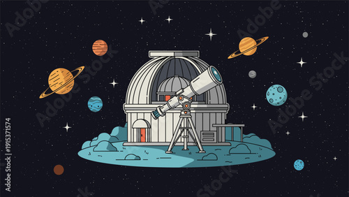 Scientific observatory building with a large telescope stands on a small floating planet surrounded by colorful planets and stars in deep space.