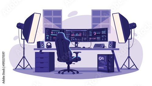 Advanced high tech gaming setup or professional workstation featuring three large monitors, studio lighting, and a high performance computer system.