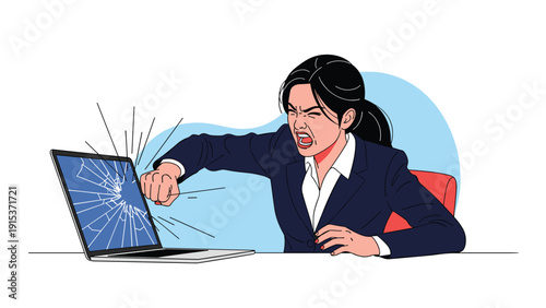 Stressed businesswoman punching her laptop screen in a moment of intense anger and technical frustration during a busy workday.