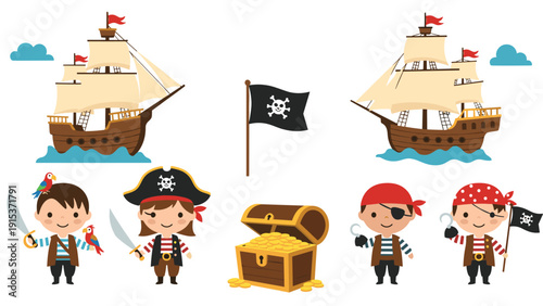 Fun nautical illustration set featuring pirate characters, wooden ships, treasure chests, and various maritime elements on white.