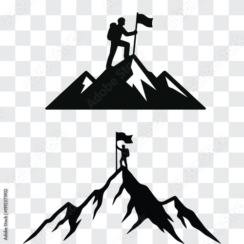 Adventure Mountain Silhouette with Hiker and Flag