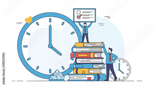 Business professionals working around a large wall clock and a stack of books symbolizing time management and continuous learning.