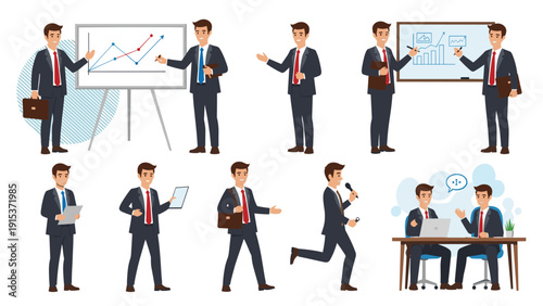 Businessman character set showing various professional actions like giving presentations, speaking, running, and office meetings.