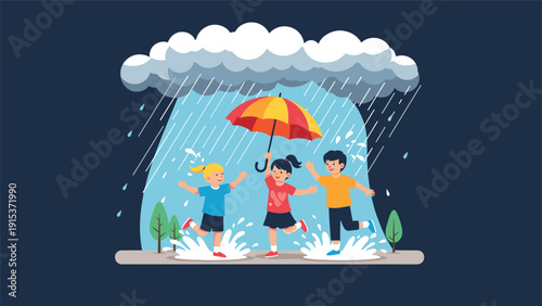 Three happy children playing and splashing in puddles under a large colorful umbrella during a rainy day with a big grey cloud.