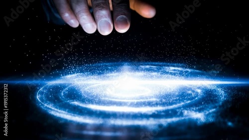 Futuristic scene of human hand touching glowing digital portal surface suggesting advanced technology innovation and immersive virtual interaction