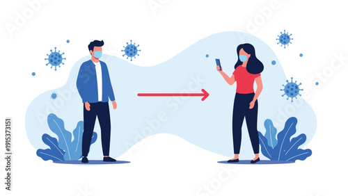 Man and woman wearing protective medical masks maintaining social distance to prevent the spread of a virus during a global pandemic.