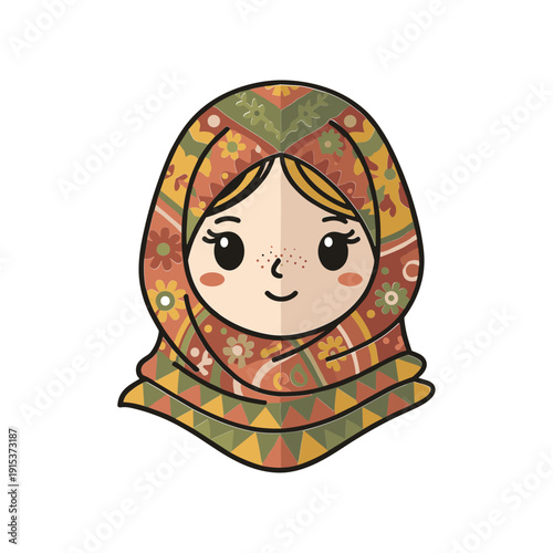 Cartoon girl wearing colorful headscarf smiling.