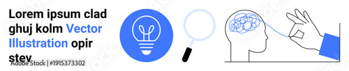 Creativity, problem-solving, innovation, mental health, research, idea analysis. Blue lightbulb icon, magnifying glass hand touching a schematic brain. Creativity and problem-solving concept