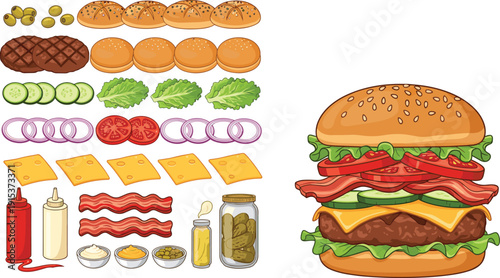 Burger ingredients set, cheeseburger with bacon vegetables and sauces, fast food collection isolated on white
