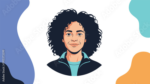 Stylish portrait of a woman with voluminous curly black hair wearing a sporty dark blue jacket against an abstract colorful background.