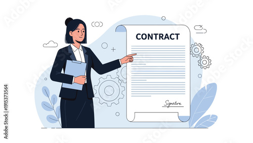 Professional businesswoman in a suit pointing at a large contract document to highlight important terms and conditions for a signature.
