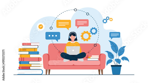 Young woman sitting on a sofa wearing headphones and working on a laptop while surrounded by books and digital learning elements.