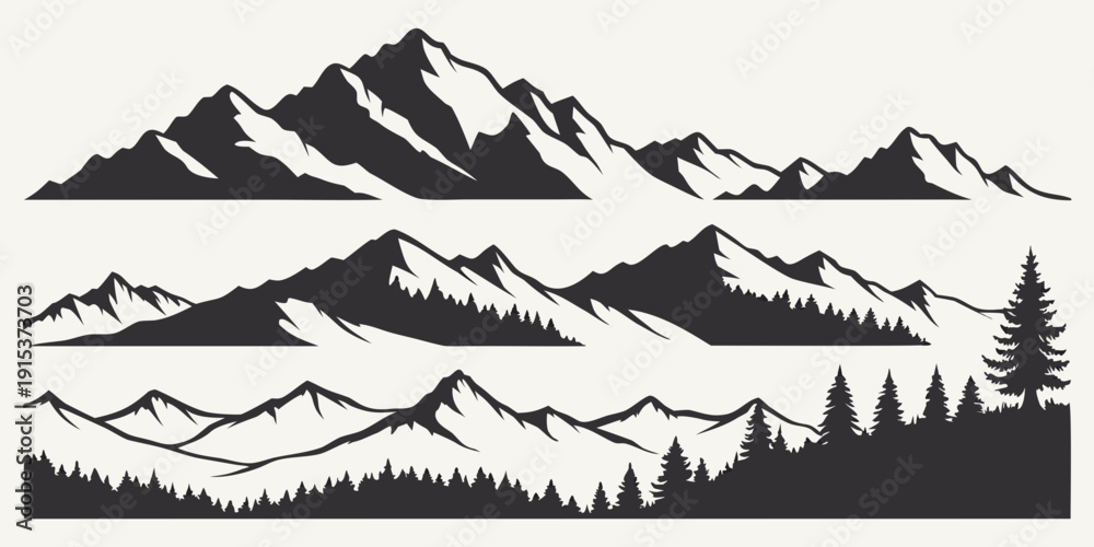 Fototapeta premium Majestic mountain range with snow-capped peaks and dense forest at the base Vector
