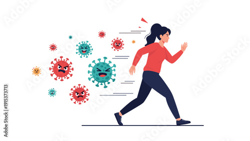 Active woman running away from a group of flying virus cells to represent staying healthy and avoiding sickness during a health crisis.