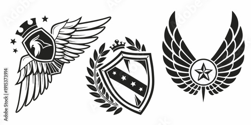 Three distinct winged symbols representing different organizations or concepts Vector