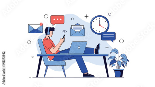 Man relaxing at his desk with his feet up while using a smartphone and laptop surrounded by communication, email, and time icons.