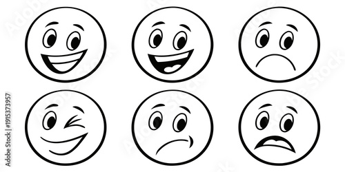 A collection of six expressive faces showing a range of emotions Vector