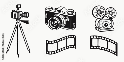 A collection of vintage cameras and film reels showcasing the evolution of photography Vector