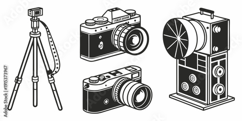 A collection of vintage cameras and a tripod displayed in a row Vector