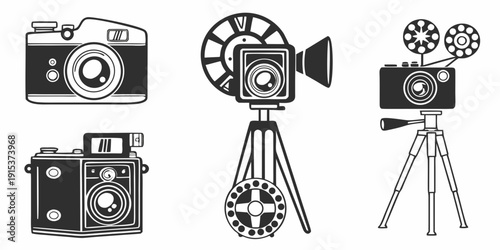 A collection of vintage cameras and film equipment in black and white Vector