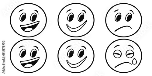 A diverse collection of six emoticons displaying various facial expressions Vector