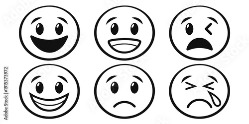 A collection of six different facial expressions depicted as simple, black and white smiley faces Vector