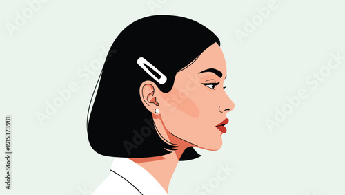 Side profile portrait of a woman with short dark hair wearing a white hair clip and looking ahead with a serious and calm expression.