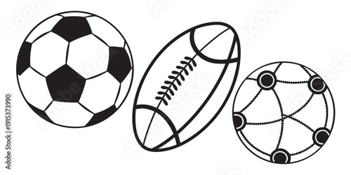 Three different sports balls displayed in a row, including a soccer ball, rugby ball, and basketball. Vector