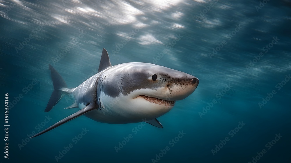 Obraz premium Majestic great white shark swims gracefully through clear blue ocean waters with sunlight filtering from above