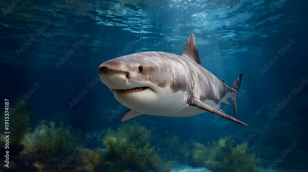 Fototapeta premium Powerful Shark Swims in Deep Blue Ocean with Sunlight Rays