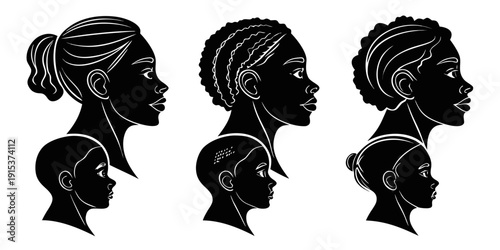 Three stylized silhouettes of women with different hairstyles Vector