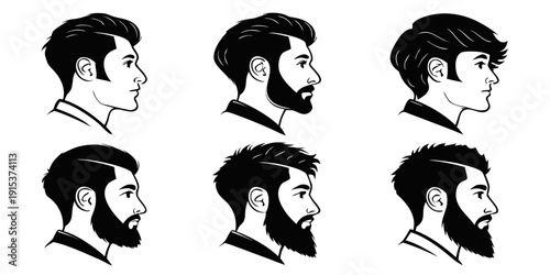 Six different hairstyles on a man's head, each with a unique look and style Vector