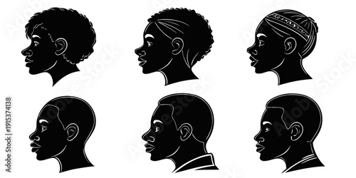 Diverse silhouettes of human heads showcasing various hairstyles and headgear Vector