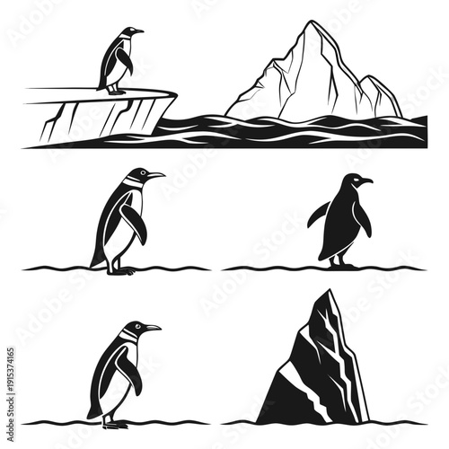 Penguins navigating through various terrains and obstacles in the arctic Vector