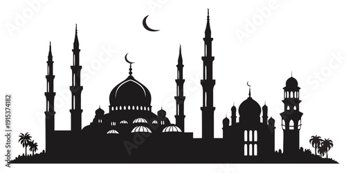 Silhouette of a majestic mosque with minarets under a crescent moon Vector