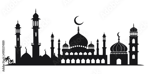 Silhouette of a mosque with minarets and a crescent moon Vector