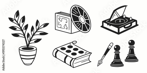 A collection of various objects including a plant, a book, a laptop, and a toolbox Vector