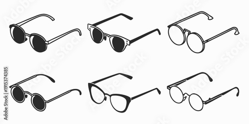 Assorted eyeglasses and sunglasses displayed in a variety of styles and shapes. Vector
