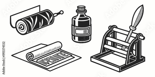 Office supplies including a stapler, tape dispenser, ink bottle, and paper cutter. Vector