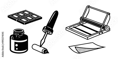 A collection of writing tools including a fountain pen, inkwell, and a modern laptop. Vector